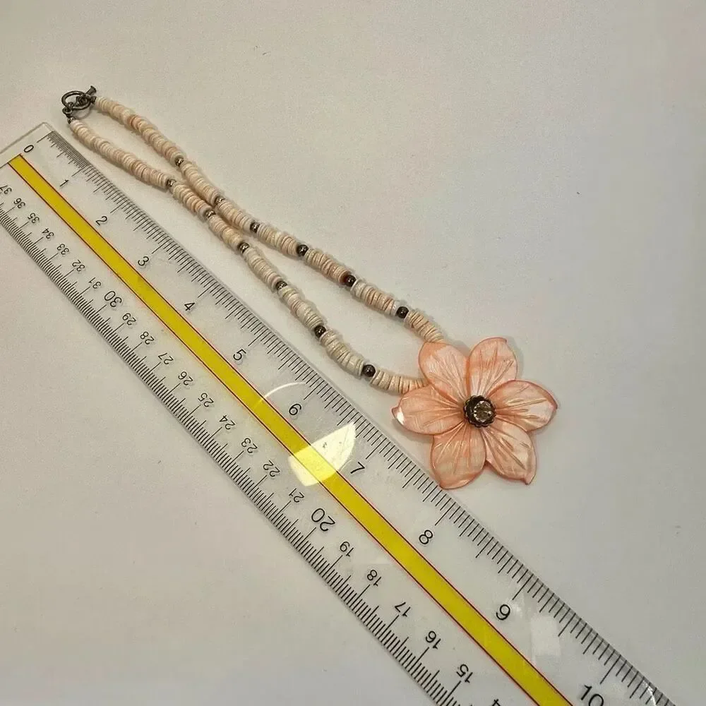 Sterling silver pink abalone flower beaded necklace